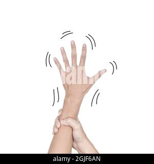 Shaking hands or essential tremor in Asian young man. Isolated on white. Stock Photo