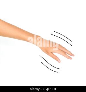 Shaking hand or essential tremor in Asian young man. Isolated on white. Stock Photo