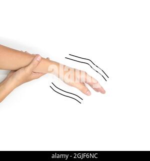 Shaking hand or essential tremor in Asian young man. Isolated on white. Stock Photo