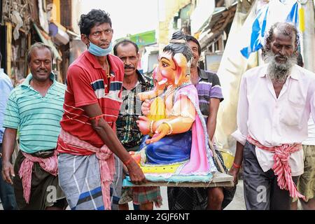 Kolkata, India. 09th Sep, 2021. The home coming of Lord Ganesha is happening today at Kumortuli in Kolkata. This year Ganesh Chaturthi 2021 will be celebrated on Friday, 10 September 2021. Ganesh Chaturdashi, also called as Vinayak Chaturdashi, is an important Hindu festival. Ganesh Chaturdashi marks the birth anniversary of Lord Ganesha who is the son of Lord Shiva, and Goddess Parvati. Lord Ganesh is the symbol of education, wisdom, good fortune and prosperity. (Photo by Snehasish Bodhak/Pacific Press) Credit: Pacific Press Media Production Corp./Alamy Live News Stock Photo