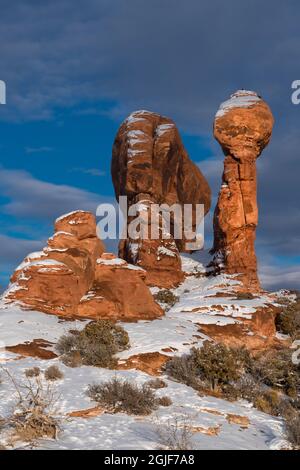 USA, Utah. Spires in the snow, Garden of Eden, Arches National Park. Stock Photo