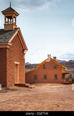 Alonzo Russell adobe house (featured in the film 'Butch Cassidy and the Sundance Kid') and schoolhouse, Grafton ghost town, Utah, USA. Stock Photo
