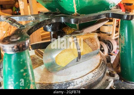 USA, Washington State, Woodland. Grain grinding equipment at the Cedar Creek Grist Mill. (Editorial Use Only) Stock Photo