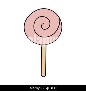 Pink lollipop in doodle style. Cartoon bonbon for valentine's day. Vector illustration isolated on white background Stock Vector