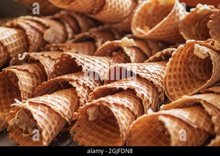 Usa, Washington State, Seattle, stacks of home-made waffle ice cream cones Stock Photo