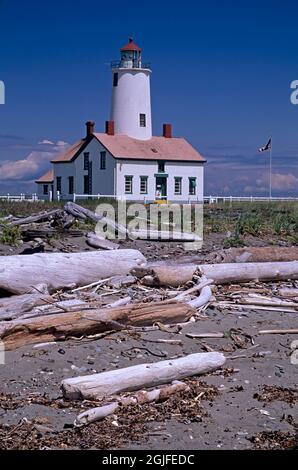 Washington State, Sequim, New Dungeness Lighthouse on Dungeness Bay, established 1857, with beach Stock Photo