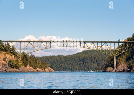 USA, Washington State. Deception Pass Bridge joins Whidbey Island Canoe Island Fidalgo Island. Built by CCC in 1934 Stock Photo