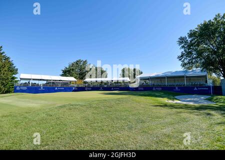 Missouri, United States. 9th Sept 2021: September 9, 2021: Temporary bleacher align the back of the 18th green during the Pro-Am day of the Ascension Charity Classic held at Norwood Hills Country Club in Jennings, MO Richard Ulreich/CSM Credit: Cal Sport Media/Alamy Live News Stock Photo