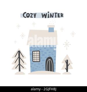 Cute Winter greeting card with lettering - cozy winter Vector illustration Stock Vector