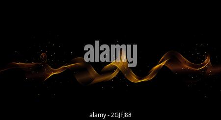 Gold color wave on black background Abstract stream of wavy lines with gold glitter particles Gold wave flow Stock Vector