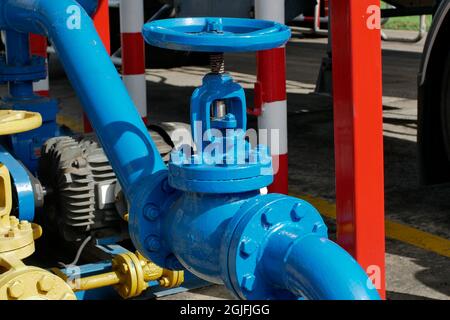 Valves at gas plant, Pressure safety valve selective focus Stock Photo