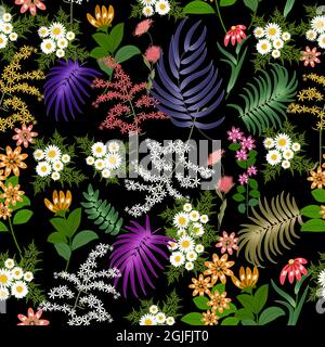 Seamless pattern with bright flowers and tropical leaves of palm tree on black background. Botany vector background, jungle wallpaper. Stock Vector