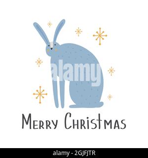 Cute animal hare in scandinavian style with lettering - merry chrastmas. Vector hand-drawn colored children's simple rhinoceros. Cartoon animal. Stock Vector