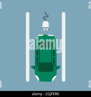 Electric car parking. Passenger car on a parking space for charging, top view. Stock Vector