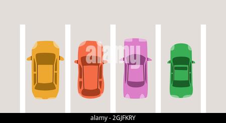 Car parking top view. Multicolored cute vehicle. Vector elements for design. Stock Vector