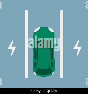 Electric car parking. Passenger car on a parking space for charging, top view. Stock Vector