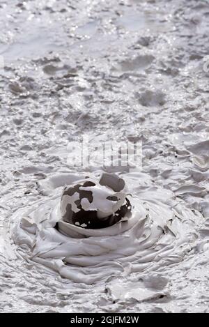 USA, Wyoming. Exploding mud bubbles, Artist's Paint Pots, Yellowstone National Park. Stock Photo
