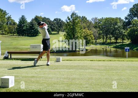 Missouri, United States. 9th Sept 2021: September 9, 2021: Kevin Sutherland tees off on the 5th hole during the Pro-Am day of the Ascension Charity Classic held at Norwood Hills Country Club in Jennings, MO Richard Ulreich/CSM Credit: Cal Sport Media/Alamy Live News Stock Photo