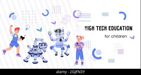 High Tech and Robotics website with school children programming robots, vector. Stock Vector
