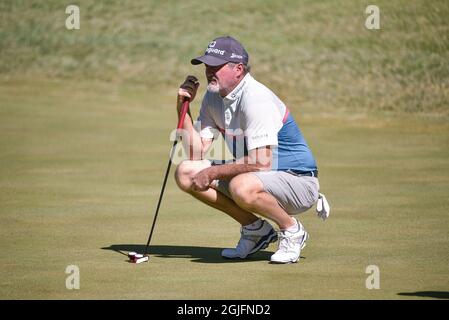 Missouri, United States. 9th Sept 2021: September 9, 2021: Jerry Kelly lines up his putt during the Pro-Am day of the Ascension Charity Classic held at Norwood Hills Country Club in Jennings, MO Richard Ulreich/CSM Credit: Cal Sport Media/Alamy Live News Stock Photo