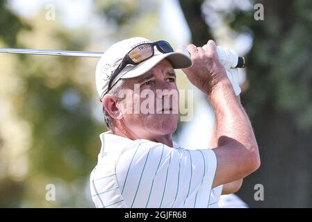 Missouri, United States. 9th Sept 2021: September 9, 2021: Scott Dunlap watches his tee shot during the Pro-Am day of the Ascension Charity Classic held at Norwood Hills Country Club in Jennings, MO Richard Ulreich/CSM Credit: Cal Sport Media/Alamy Live News Stock Photo
