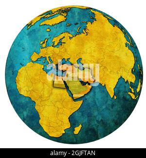 location of Qatar territory in middle east region with country flags on globe map isolated over white Stock Photo