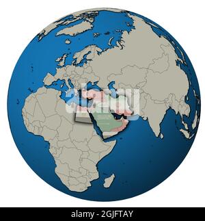 location of Qatar territory in middle east region with country flags on globe map isolated over white Stock Photo