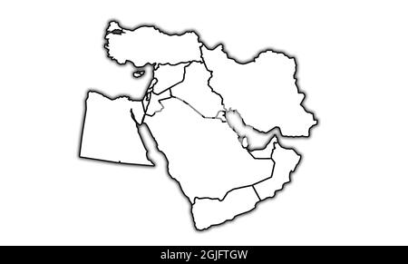 Territory and borders of  middle east region on map isolated over white Stock Photo