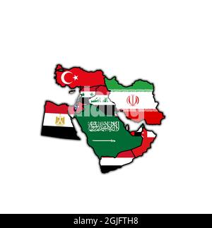 Territory and borders of  middle east region on map isolated over white Stock Photo