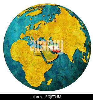 location of iran territory in middle east region with country flags on globe map isolated over white Stock Photo