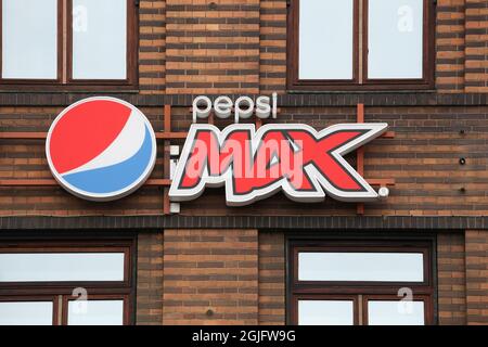 Copenhagen, Denmark - August 20, 2020: Pepsi max logo on a wall. Pepsi max is a low-calorie, sugar-free cola, marketed by PepsiCo Stock Photo