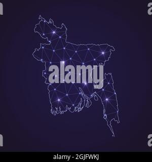 Digital network map of Bangladesh. Abstract connect line and dot on dark background Stock Vector