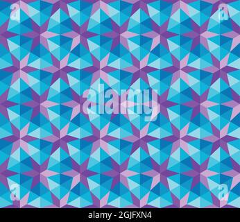 3D pattern background of geometric shapes like pyramids , triangles and stars with cold colors including blue and purple Stock Vector