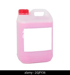 White drum with a red cap on a white background with pink liquid Stock Photo