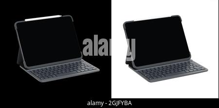 Tablet with a keyboard on a white and black backgrounds Stock Photo