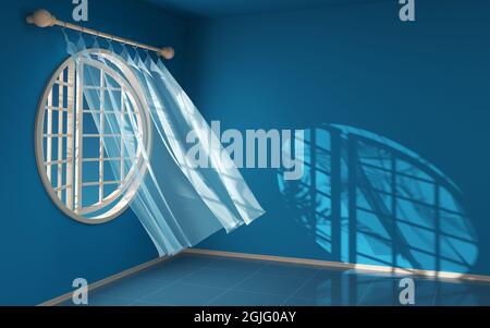 Empty room with blowing curtain, interior background, 3d rendering. Computer digital drawing. Stock Photo