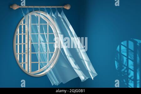 Empty room with blowing curtain, interior background, 3d rendering. Computer digital drawing. Stock Photo