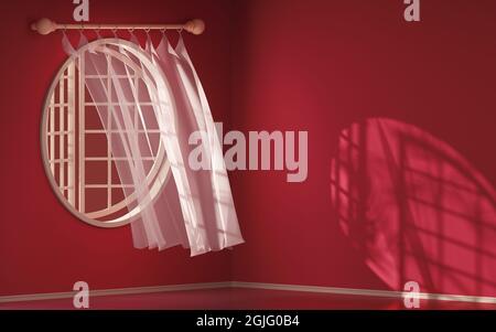 Empty room with blowing curtain, interior background, 3d rendering. Computer digital drawing. Stock Photo