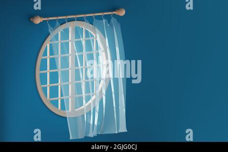 Empty room with blowing curtain, interior background, 3d rendering. Computer digital drawing. Stock Photo