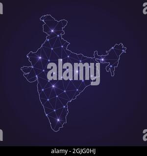 Digital network map of India. Abstract connect line and dot on dark background Stock Vector