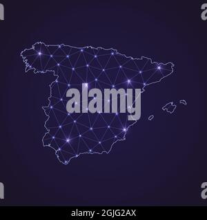 Digital network map of Spain. Abstract connect line and dot on dark background Stock Vector
