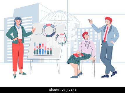 Business Presentation or conference with analysts collect and analyse data, flat vector. Stock Vector