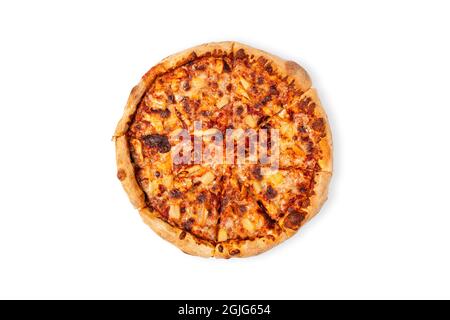 Tasty hawaii pizza isolated on white background. Top view on paperoni pizza. Concept for italian food, street food, fast food, quick bite. Food banner Stock Photo