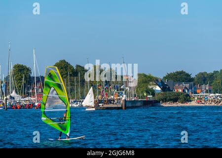 View from Kiel-Schilksee over to small seaside town Strande and its harbour, Kiel, Schleswig-Holstein, Baltic Sea,  North Germany Stock Photo