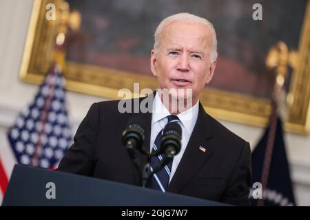 Washington, United States. 09th Sep, 2021. President Joe Biden delivers remarks on his plan to stop the spread of the Delta variant and boost COVID-19 vaccinations, in the State Dinning Room of the White House on Thursday, September 9, 2021 in Washington, DC. Photo by Oliver Contreras/UPI Credit: UPI/Alamy Live News Stock Photo