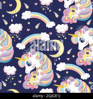 Seamless pattern with cute mom and baby unicorns, clouds, rainbow and stars. Magic background with unicorns. Vector illustration in trendy colors. For Stock Vector