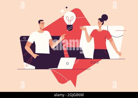 Flat style outline vector illustration on the subject of teamwork, brainstorming, finding new solutions. Editable stroke Stock Vector