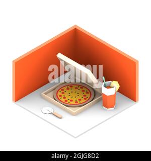 3D isometric interior rendering of pizza in a carboard box Stock Photo