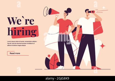 Flat style outline vector illustration on the subject of hiring, new employees recruiting, announcement and promotion. Editable stroke Stock Vector