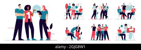 Collection of vector illustrations depicting a group of business people in office discussing, talking during a coffee break. Editable stroke Stock Vector